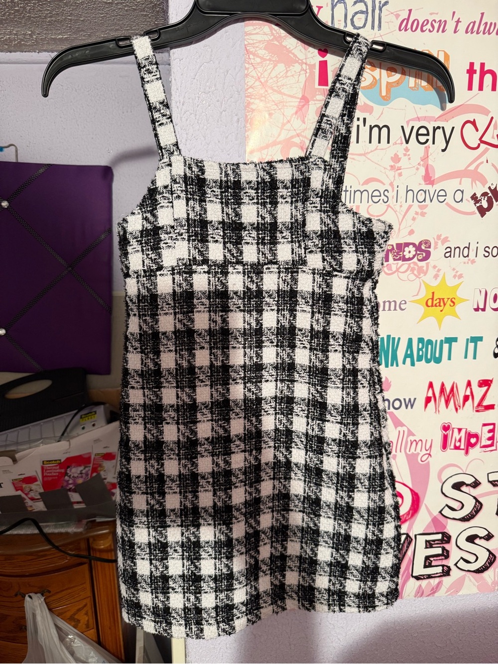 Girls Black and White Plaid Sleeveless Shift Dress